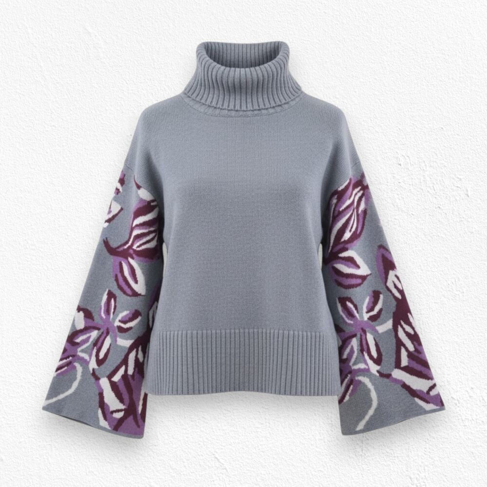 Cabi Eden Pullover Sweater Gray Floral Bell Sleeve Turtleneck Size Medium